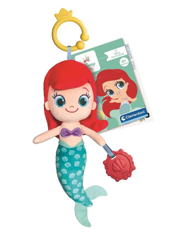 Clementoni Disney Knuffel Prinses Ariel - Zachte Zeemeermin Knuffelpop met Bijtring en Knisperelementen - Prinsessen Pop Speelgoed voor Baby en Peuter