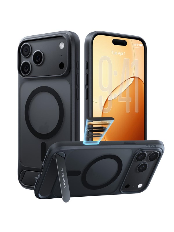 TORRAS Ostand Magnetic Hoesje geschikt voor Apple iPhone 18 Pro - Hybride Backcover Zwart - Met Kickstand - MagSafe Compatible - Hard Plastic & TPU