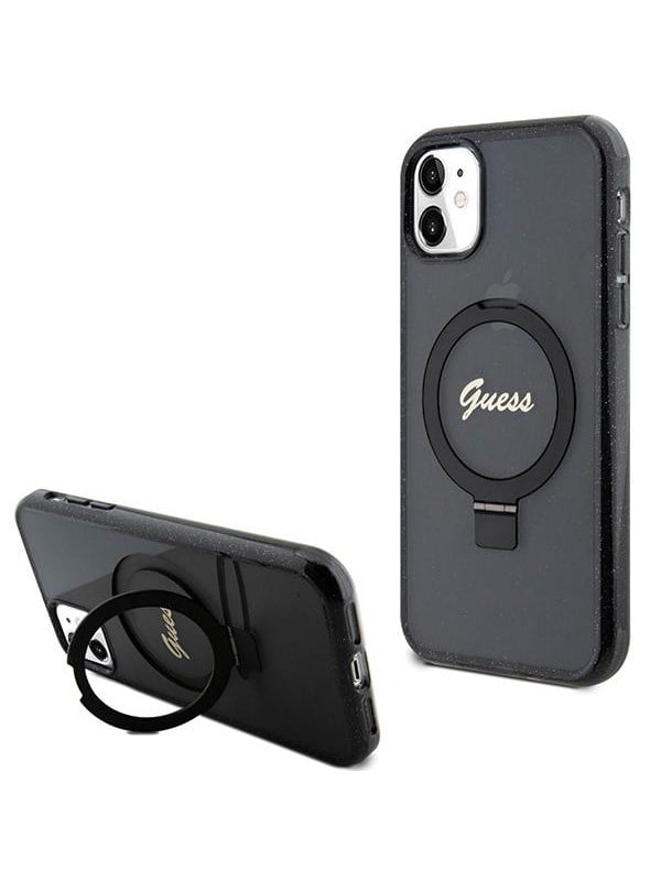 GUESS Ring Stand Script Glitter MagSafe case for iPhone 11 / Xr - black