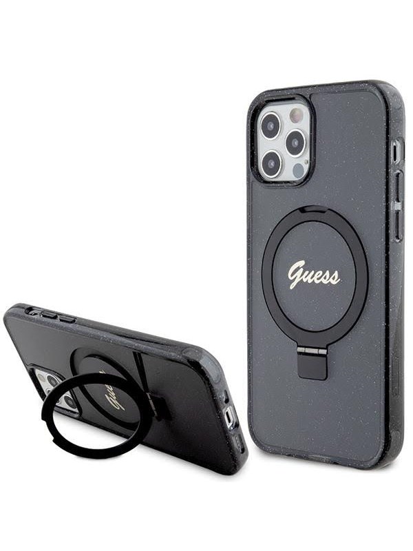 GUESS Ring Stand Script Glitter MagSafe case for iPhone 12/12 Pro - black