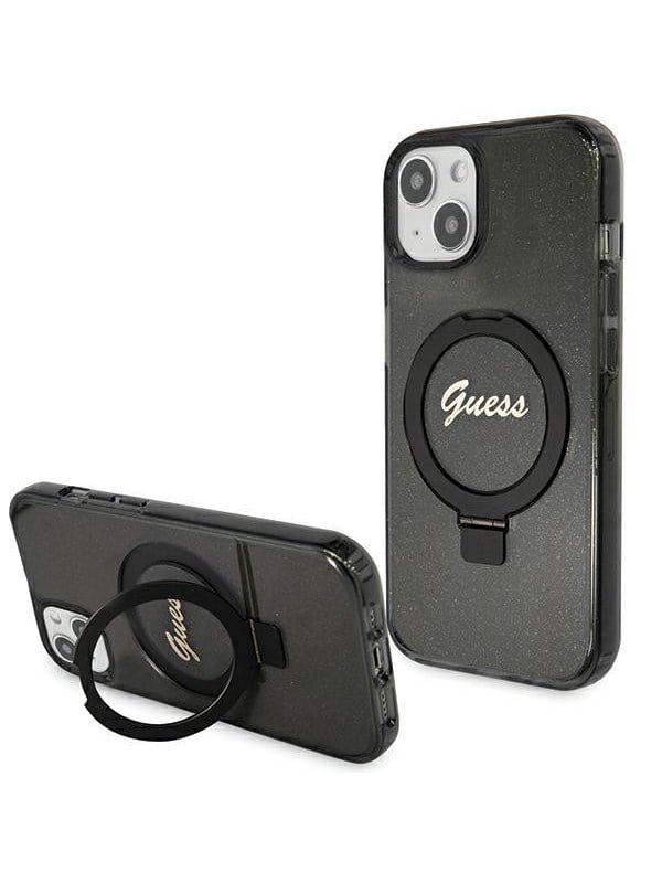 GUESS Ring Stand Script Glitter MagSafe case for iPhone 13 / 14 / 15 - black