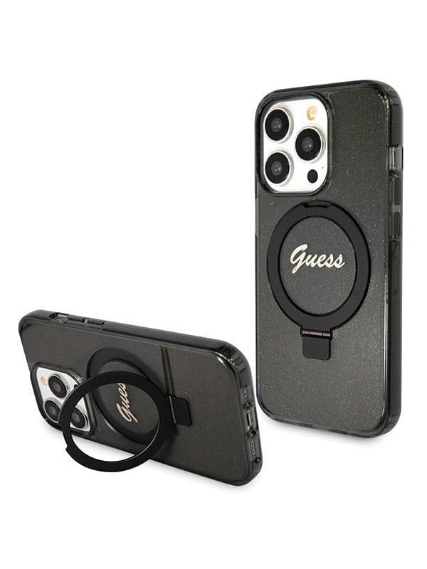 GUESS Ring Stand Script Glitter MagSafe case for iPhone 13 Pro Max - black