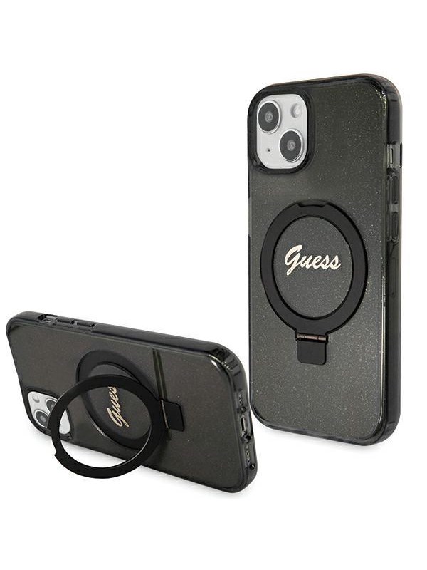 GUESS Ring Stand Script Glitter MagSafe case for iPhone 14 / 15 / 13 - black