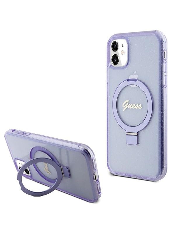 GUESS Ring Stand Script Glitter MagSafe case for iPhone 11 / Xr - purple
