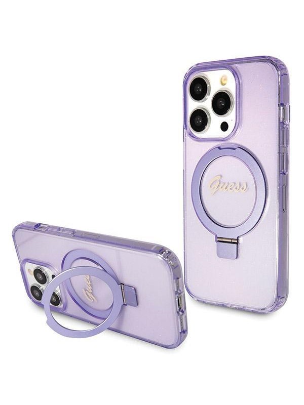GUESS Ring Stand Script Glitter MagSafe case for iPhone 14 Pro Max - purple