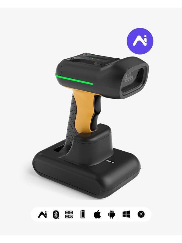 Inateck BCST-75S Industriële barcodescanner, draadloos, 2D QR-codescanner met intelligent laadstation, IP67 waterdicht en stofdicht, barcodelezer met 2600 mAh batterij, handscanner met app en SDK