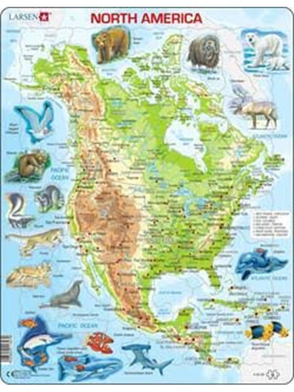 Larsen Puzzles North America Topographical Map with Animals Jigsaw Puzzle - 66 pieces Maxi (36.5 x 28.5 cm) 2D Puzzels