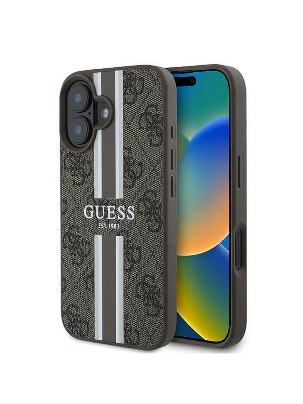 Hoesje geschikt voor Apple iPhone 16 Plus - Guess 4G Printed Stripes Hard Case Back Cover - Geschikt voor MagSafe - Bruin