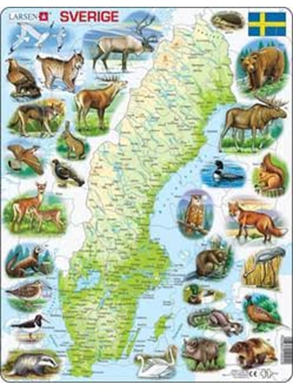 Larsen Puzzles Physical puzzle of Sweden with animals - 71 pieces Maxi (36.5 x 28.5 cm) 2D Puzzels