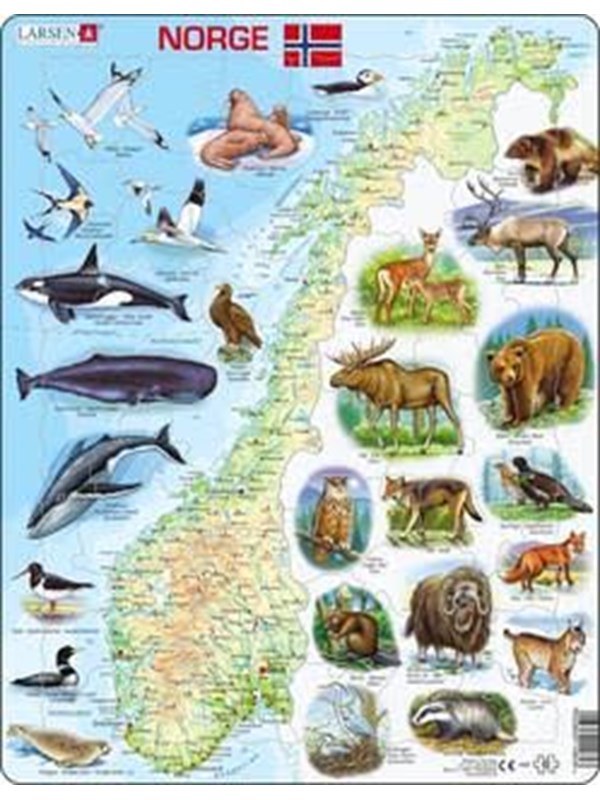 Larsen Puzzles Physical map puzzle of Norway with animals - 62 pieces Maxi (36.5 x 28.5 cm) 2D Puzzels