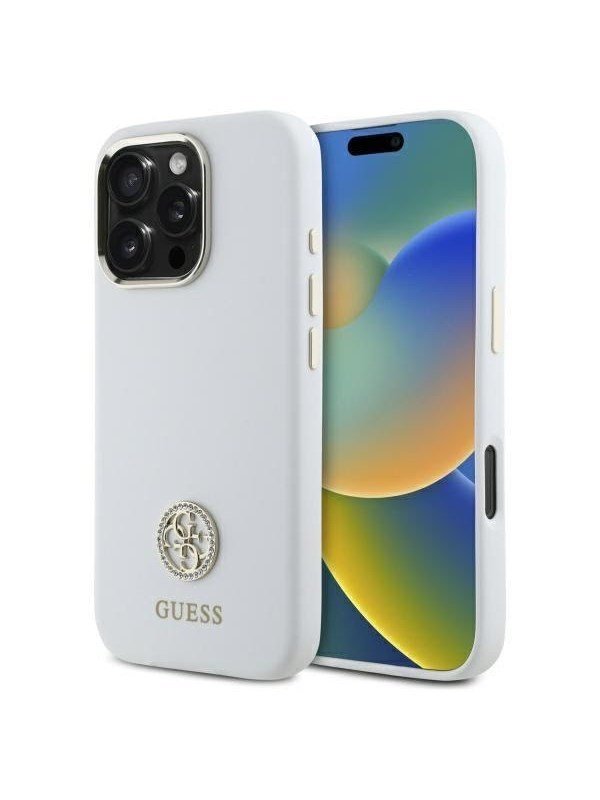 GUESS Silicone Logo Strass 4G Case for iPhone 16 Pro - White