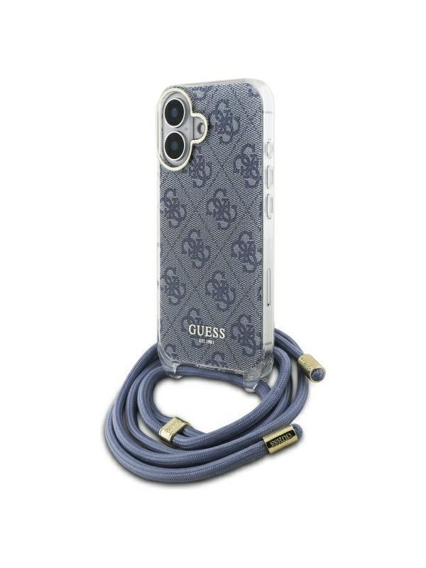 GUESS Crossbody Cord 4G Print Case with Lanyard for iPhone 16 - Blue