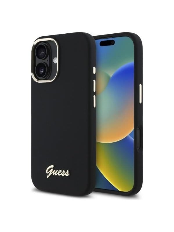 GUESS Silicone Script Metal Logo & Frame Case for iPhone 16 - Black