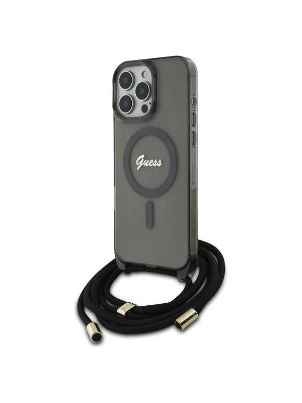 GUESS Crossbody Cord Script MagSafe Case for iPhone 16 Pro Max - Black