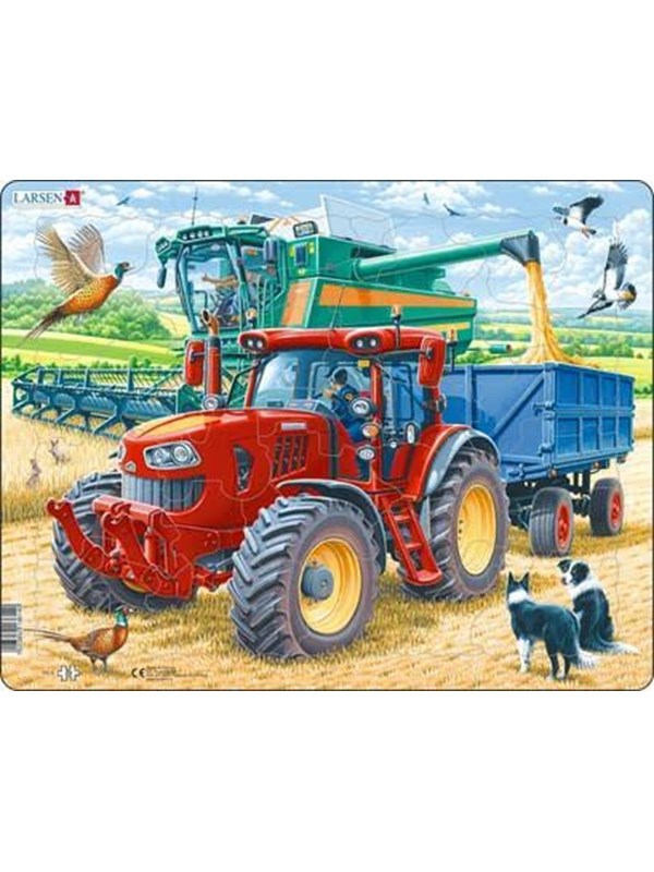 Larsen Tractor en Maaidorser – Puzzel – Boerderij – Landbouwmachines – Educatieve legpuzzel voor kinderen – 39 stukjes – Gemaakt in Noorwegen – Extra dikke 2,5 mm stukjes – Tray met vaste rand