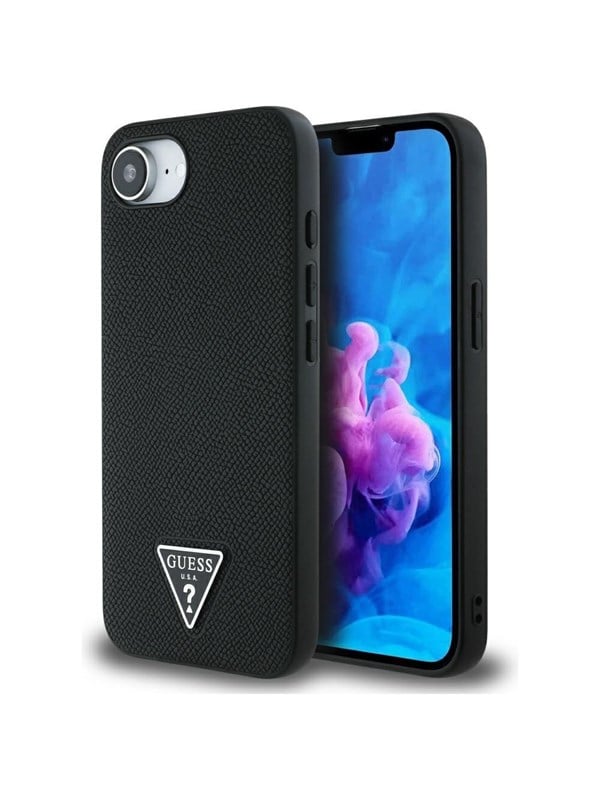 Guess Grained Triangle Serie - iPhone 16e Hoes - MagSafe Technologie - Elegant Zwart - Gestructureerd Grip