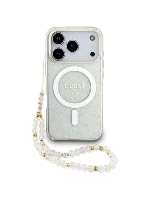 MagSafe hoesje voor Apple iPhone 17 Pro, Guess, IML Glitter met Parelband, Transparant