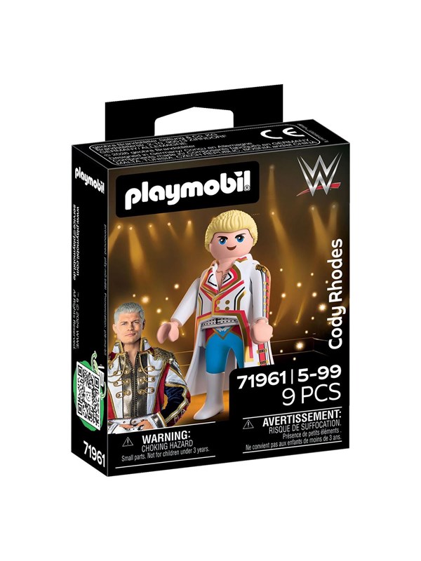 Playmobil WWE speelfiguur Cody Rhodes met witte jas en voetplaat.