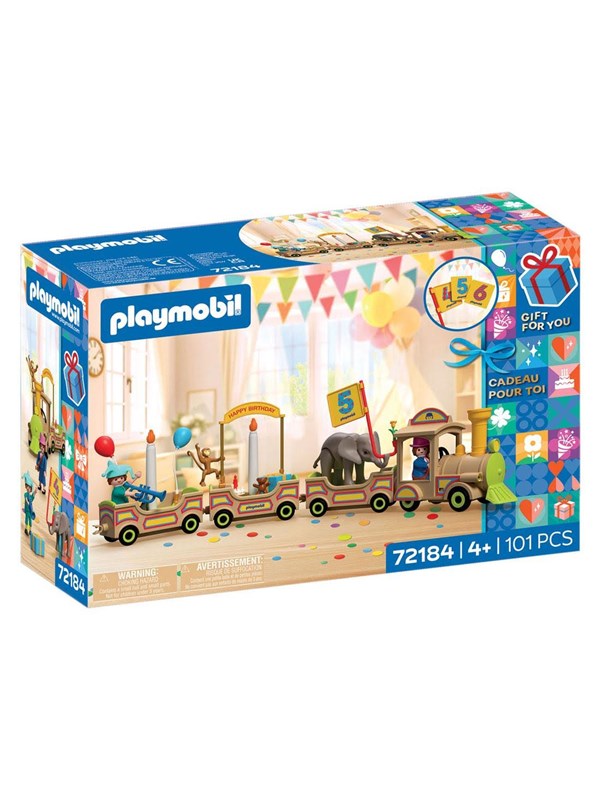 Playmobil verjaardagstrein speelgoedset met dieren en stickers.