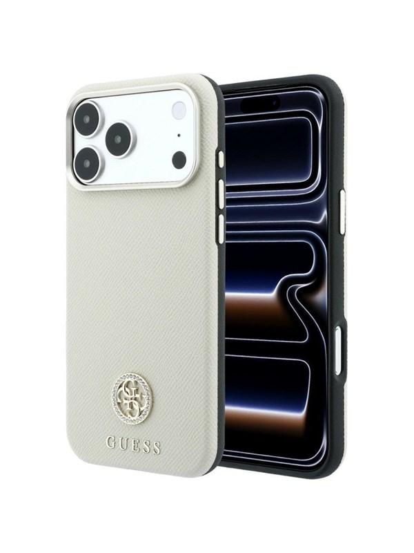 MagSafe-hoesje voor Apple iPhone 18 Pro / 17 Pro, Guess, Gegranuleerd Rond Strass-logo, Beige