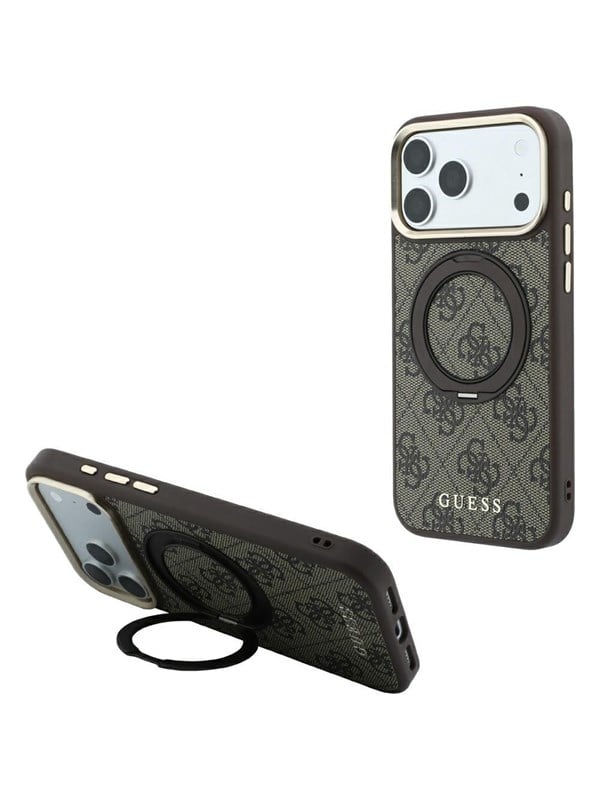 MagSafe-hoes voor Apple iPhone 18 Pro / 17 Pro, Guess, Ring Stand 360 4G Classic Logo, Bruin