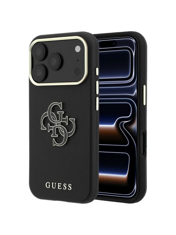 Hoes voor Apple iPhone 18 Pro / 17 Pro, Guess, Gegranuleerd Groot Resin Logo, Zwart