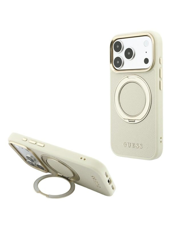 MagSafe-hoesje voor Apple iPhone 18 Pro / 17 Pro, Guess, Grained Ring Stand 360 Classic, Beige