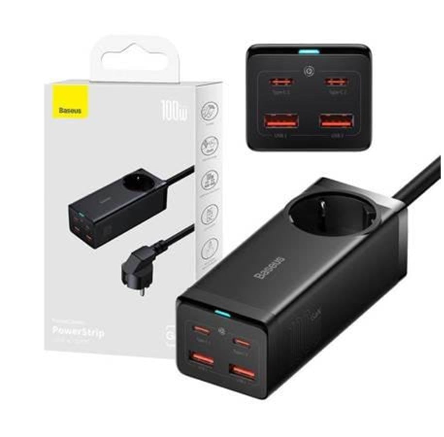 USB hub - Baseus GaN3 Pro wall charger / powerstrip 2xUSB + 2xUSB-C + AC 100W (black) USB hub - 5 - Zwart - PSZM000401