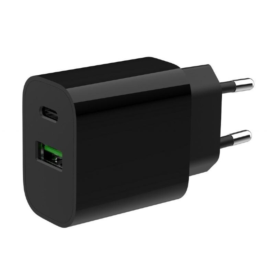 Mobiel - Adapters & Opladers - Gembird Universal GaN USB charger QC 3.0 & PD 20W 2-port - Black - TA-UC-PDQC20-01-BK