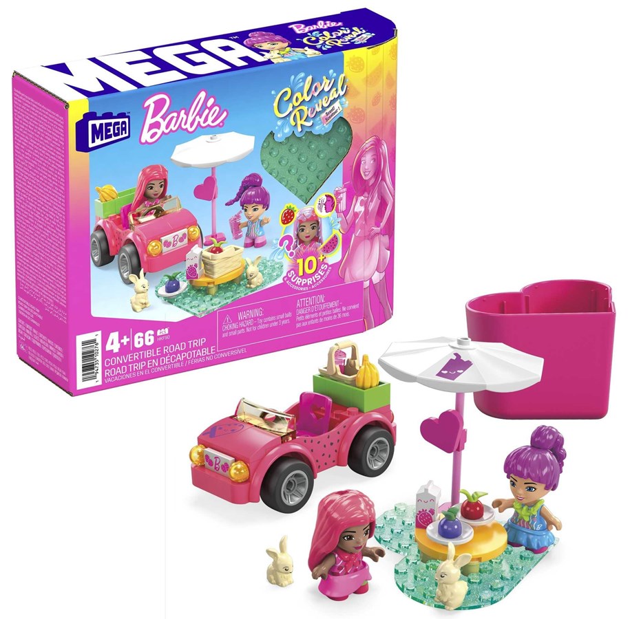 Bouw-/constructiekits - MEGA Barbie Colour Reveal Convertible Road Trip Building Toy Car With 2 Dolls - HKF90