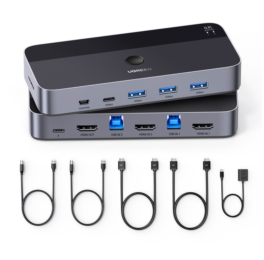 KVM Switch - UGREEN HDMI KVM Switch 2 In 1 4K@60Hz USB 3.0 Switch (3*USB 3.0+ USB C) 2 USB Cables and 2 HDMI Cables - 15707-UG