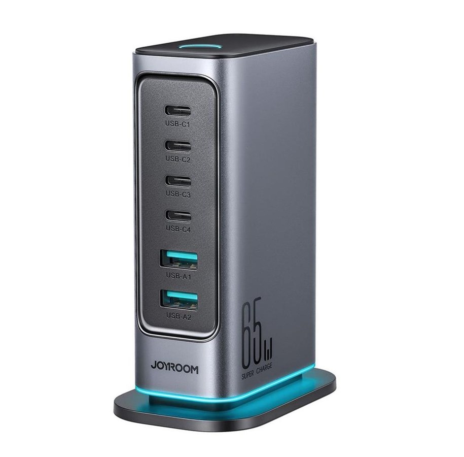 USB hub - Joyroom JR-TCM02 GaN 65W charger charging station 4xUSB-C 2xUSB-A UK plug - gray USB hub - 6 - Grijs - JR-TCM02-UK