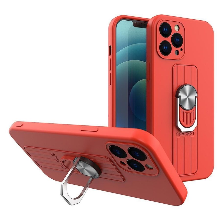 Mobiel - Covers & Cases - Hurtel Ring Case silicone case with finger holder and stand for Xiaomi Redmi Note 11 Pro Red - 5907769340932