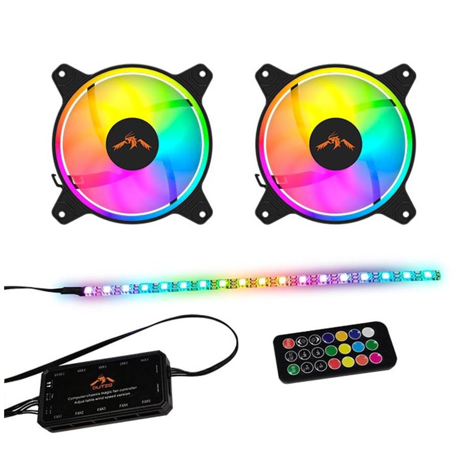 Case Fan - DUTZO RGB Kit 2 - 2x fan + 1x LED strip + remote & controller - 120mm - Zwart met RGB-licht - 24 dBA - DRGB-BUNDLE2