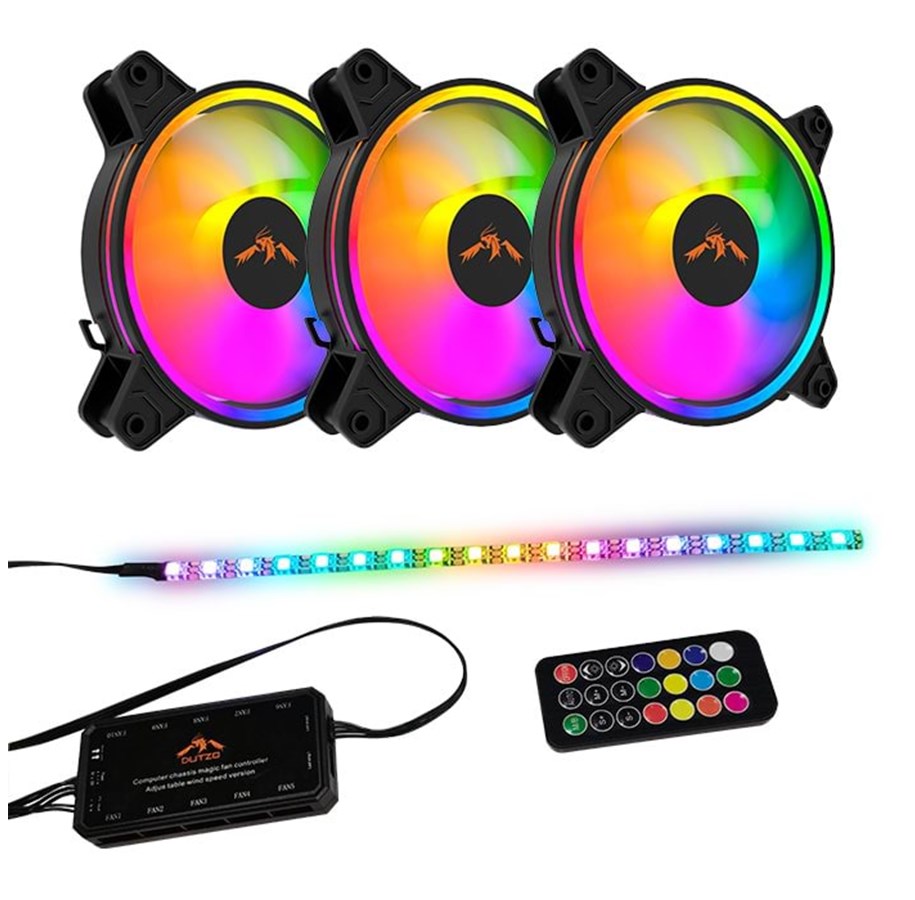 Case Fan - DUTZO RGB Kit 3 - 3x fan + 1x LED strip + remote & controller - 120mm - Zwart met RGB-licht - 24 dBA - DRGB-BUNDLE3