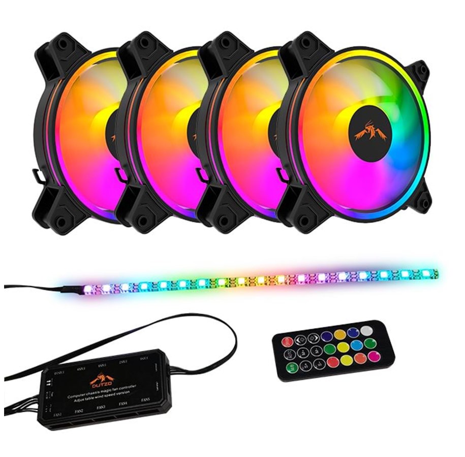 Case Fan - DUTZO RGB Kit 4 - 4x fan + 1x LED strip + remote & controller - 120mm - Zwart met RGB-licht - 24 dBA - DRGB-BUNDLE4