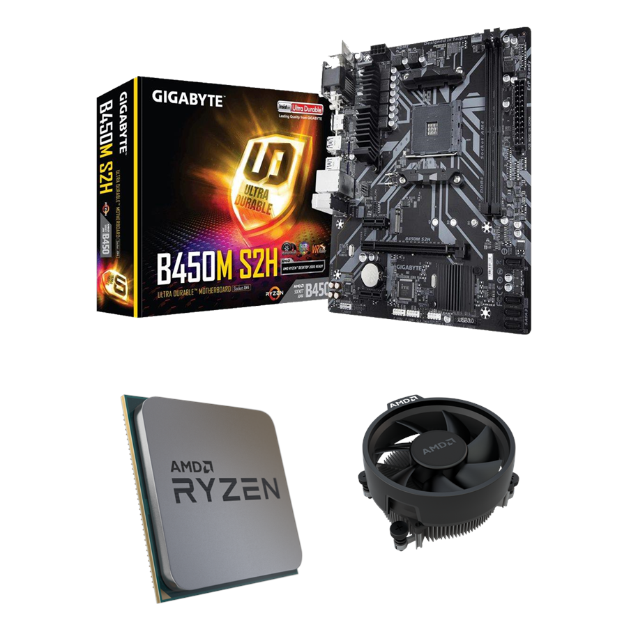 Moederbord - GIGABYTE B450M S2H + AMD Ryzen 5 3600 CPU + Moederbord - AMD B450 - AMD AM4 - DDR4 RAM - Micro-ATX - B450M S2H+R53600