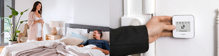 Paar in slaapkamer en hand drukt op Bosch Smart Home Universal Switch II met geactiveerd „Coming home -scenario