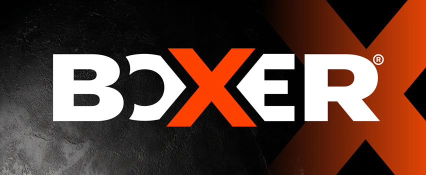 Boxer gereedschap logo op zwarte achtergrond met oranje X – professioneel handgereedschap voor vakmensen en doe-het-zelvers