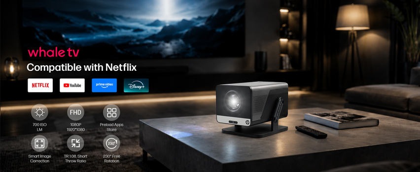 HP Whale TV Smart Projector – compatibel met Netflix, YouTube, Prime Video en Disney+ – FHD 1080p met 230° rotatie
