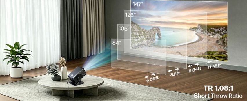 HP Smart Projector met Short Throw Ratio 1.08:1 – projecteert tot 147 inch beeld in woonkamer op korte afstand