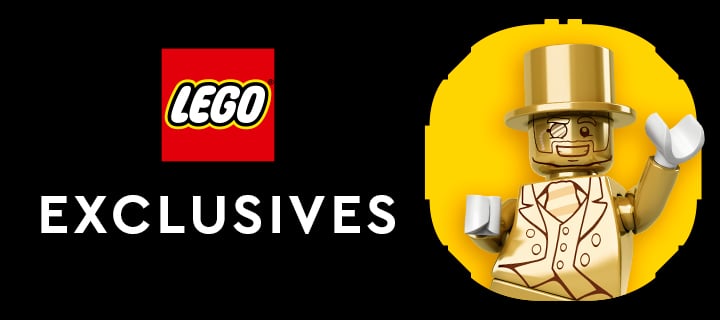 LEGO Exclusives-banner met LEGO-logo en gouden Mr. Gold-minifiguur met hoge hoed en monocle