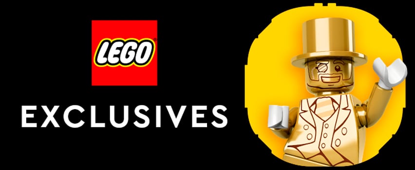 LEGO Exclusives-banner met LEGO-logo en gouden Mr. Gold-minifiguur met hoge hoed en monocle