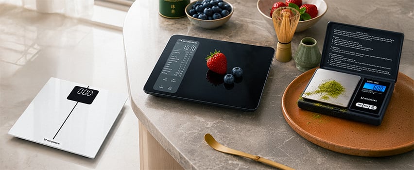 Wozinsky digitale keuken- en personenweegschalen op marmeren tafel met aardbeien, bosbessen en matcha-thee