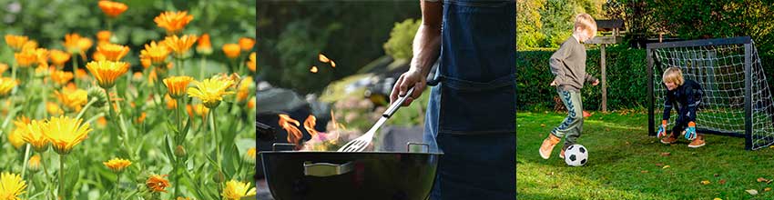 Tuingereedschap, bloemen, een barbecue of een voetbalgoal voor de nieuwe tuin creëren gezelligheid en spel.